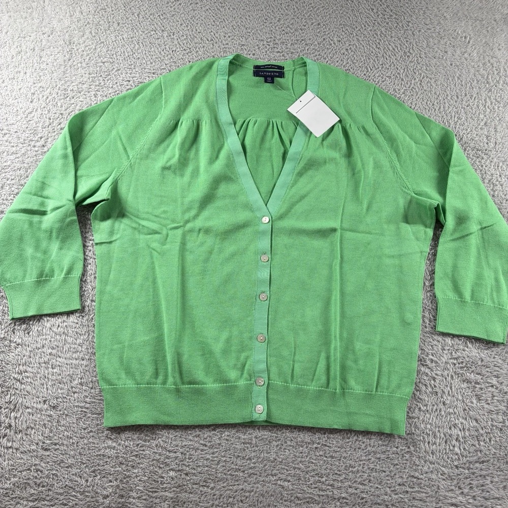 Land's End Cardigan Sweater Womens 0X 14W Green Supima Cotton 3/4 Sleeve NWT
